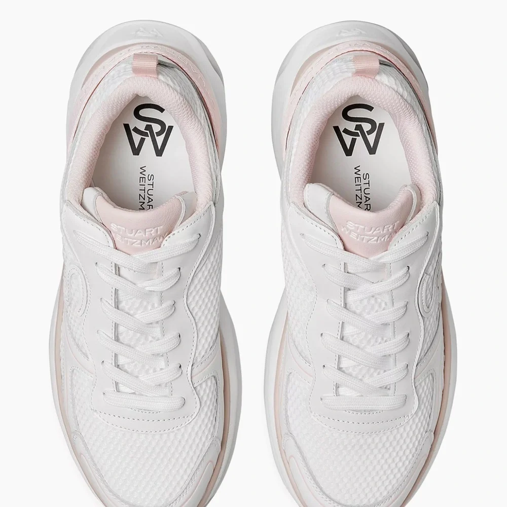 Stuart Weitzman White and Pink Athletic Shoes, Mesh & Leather Trainer Sneakers